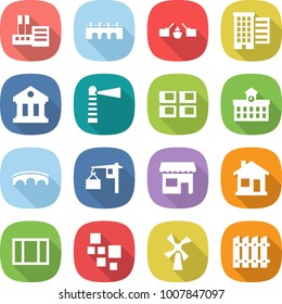 flat vector icon set - store vector, bridge, drawbridge, houses, library, lighthouse, panel house, university, loading, shop, home, window, blocks, windmill, fence