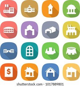 flat vector icon set - store vector, hospital, tower, goverment house, airport building, minaret, warehouse, factory, school, arch window, helmet, stadium, tax, home, barn