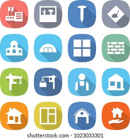 flat vector icon set - store vector, tools, nail, under construction, mansion, hangare, window, brick wall, tower crane, loading, workman, home, barn, housing