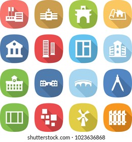 flat vector icon set - store vector, hospital, arch, project, library, skyscrapers, window, building, university, school, bridge, drawing compasses, blocks, windmill, fence