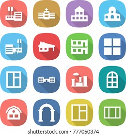 flat vector icon set - store vector, hospital, cottage, mansion, mall, house with garage, modular, window, school, city, arch