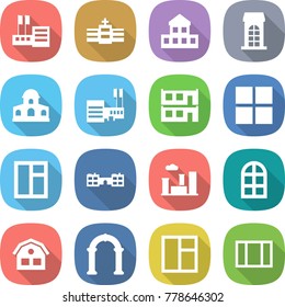 flat vector icon set - store vector, hospital, cottage, building, mansion, mall, modular house, window, school, city, arch