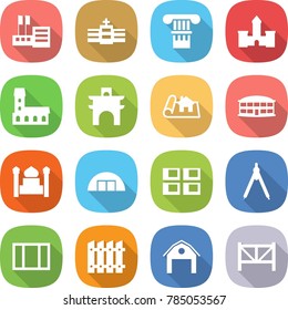 flat vector icon set - store vector, hospital, column, castle, mansion, arch, project, airport building, minaret, hangare, panel house, drawing compasses, window, fence, barn, farm