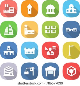 flat vector icon set - store vector, tower, goverment house, mansion, skyscraper, church, panel, school, fort, gothic architecture, architector, outdoor light, office, loading, garage, 3d