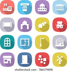 flat vector icon set - store vector, column, cottage, airport building, fence, minaret, houses, japanese house, arch window, plan, outdoor light, office, shop, door, blocks, windmill