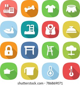 flat vector icon set - store vector, bone, t shirt, stadium, sea shipping, pool, life vest, service bell, locked, stool, Chair for babies, cloud, saute pan, measuring cup, thermometer