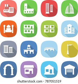 flat vector icon set - store vector, mansion, skyscrapers, skyscraper, minaret, modular house, panel, building, district, fort, bridge, outdoor light, arch, shop, home, garage