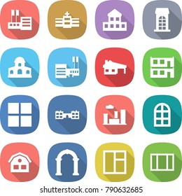 flat vector icon set - store vector, hospital, cottage, building, mansion, mall, house with garage, modular, window, school, city, arch