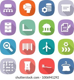 flat vector icon set - structure vector, virtual mask, mining, atm receipt, archive, ruler, goverment house, inventory, cargo search, bar code, windmill, conveyor, circuit, hive, tooth brush, hanger