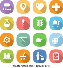 flat vector icon set - structure vector, dollar pin, heart, medical cross, flask, sperm, spikelets, baggage trolley, handwheel, iron board, saute pan, salt pepper, vacuum cleaner, garbage bin