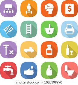 Flat Vector Icon Set - Structure Vector, Hoverboard, Virtual Mask, Receipt, Crutch, Ladder, Ladle, Printer, No Signal, Pickup, Pills Bottle, Wine, Water Tap, Hand Drop, Cleanser, Toilet