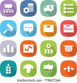 flat vector icon set - structure vector, virtual mining, delivery, list, repair, sms, package box, invoice, chart, analytics, conveyor, colander, spike, mushroom, sow, hard reach place cleaning
