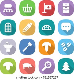 flat vector icon set - structure vector, basket, medical flag, archive, arch window, pencil, greenhouse, sms, sink, meat hammer, mushroom, coffee seeds, pig, viruses, spruce