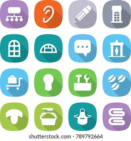 flat vector icon set - structure vector, ear, pencil, building, arch window, greenhouse, sms, detector, baggage trolley, bulb, repair tools, coffee seeds, mushroom, washing powder, apron, towel