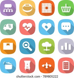 flat vector icon set - structure vector, smart bracelet, cpu, basket, delivery, heart pulse, pacemaker, sms, package box, cargo search, cloud, chart, steam pan, hive, hard reach place cleaning