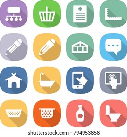 flat vector icon set - structure vector, basket, recipe, ruler, pencil, greenhouse, sms, bungalow, bath, touchscreen, colander, ketchup, toilet