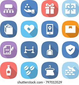 flat vector icon set - structure vector, chemical industry, gift, shopping bag, pacemaker, mobile location, package box, inventory, vip fence, scoop, shield, ketchup, coffee seeds, hanger