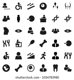 Flat vector icon set - student vector, manager, man, buttocks, stairways run, bone, client, group, disabled, eye, dna, pregnancy, insemination, chromosomes, sperm, ovule, tooth, user, login