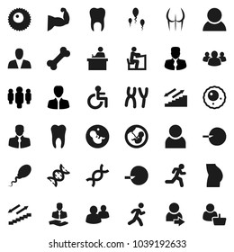 Flat vector icon set - student vector, manager, man, muscule hand, buttocks, stairways run, bone, client, group, disabled, dna, pregnancy, insemination, chromosomes, sperm, ovule, tooth, user, login