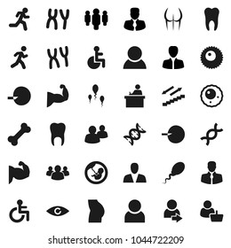 Flat vector icon set - student vector, manager, man, muscule hand, buttocks, stairways run, bone, client, group, disabled, eye, dna, pregnancy, insemination, chromosomes, sperm, ovule, tooth, user