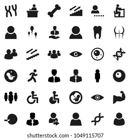 Flat vector icon set - student vector, manager, man, muscule hand, buttocks, stairways run, bone, client, group, disabled, eye, dna, pregnancy, insemination, chromosomes, sperm, ovule, tooth, user