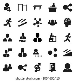 Flat vector icon set - student vector, manager, horizontal bar, stairways run, client, speaking man, social media, group, gender sign, head bandage, medical room, share, login, consumer