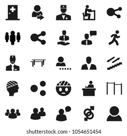 Flat vector icon set - student vector, man, horizontal bar, stairways run, client, speaking, social media, group, doctor, gender sign, head bandage, medical room, share, login, consumer