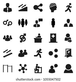 Flat vector icon set - student vector, man, horizontal bar, stairways run, client, speaking, social media, group, gender sign, head bandage, medical room, share, login, consumer