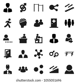 Flat vector icon set - student vector, manager, man, horizontal bar, stairways run, social media, group, gender sign, head bandage, medical room, doctor, share, login, consumer