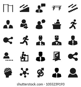 Flat vector icon set - student vector, manager, horizontal bar, stairways run, client, speaking man, social media, doctor, gender sign, head bandage, medical room, share, login, consumer