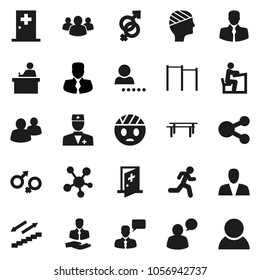 Flat vector icon set - student vector, manager, horizontal bar, stairways run, client, speaking man, social media, group, doctor, gender sign, head bandage, medical room, share, login, consumer