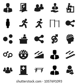 Flat vector icon set - student vector, manager, man, horizontal bar, stairways run, client, social media, group, gender sign, head bandage, medical room, share, login