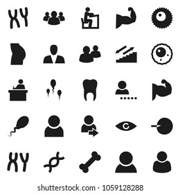 Flat vector icon set - student vector, muscule hand, buttocks, stairways run, bone, group, eye, dna, insemination, chromosomes, sperm, ovule, tooth, user, login, consumer, customer