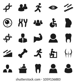 Flat vector icon set - student vector, muscule hand, buttocks, stairways run, bone, client, group, disabled, eye, dna, chromosomes, ovule, tooth, user, consumer, customer