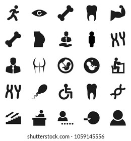 Flat vector icon set - student vector, man, muscule hand, buttocks, stairways run, bone, client, disabled, eye, dna, pregnancy, insemination, chromosomes, sperm, tooth, login, consumer