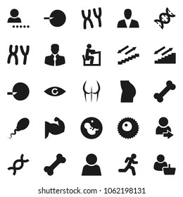 Flat vector icon set - student vector, muscule hand, buttocks, stairways run, bone, client, eye, dna, pregnancy, insemination, chromosomes, sperm, ovule, user, login, consumer, customer