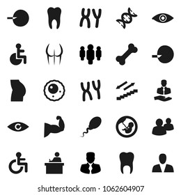 Flat vector icon set - student vector, manager, man, muscule hand, buttocks, stairways run, bone, client, group, disabled, eye, dna, pregnancy, insemination, chromosomes, sperm, ovule, tooth