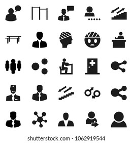 Flat vector icon set - student vector, manager, man, horizontal bar, stairways run, client, speaking, social media, gender sign, head bandage, medical room, doctor, share, login, consumer