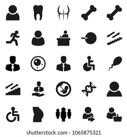 Flat vector icon set - student vector, manager, man, buttocks, stairways run, bone, client, disabled, dna, pregnancy, insemination, sperm, ovule, tooth, user, login, consumer, customer