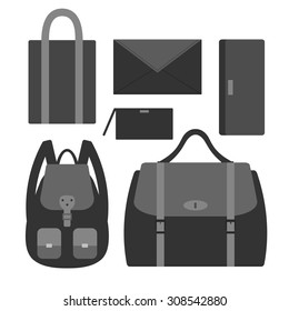 Flat vector icon set with styles of female bags. 6 types of woman handbags: backpack, envelope, wristlet, tote bag, messenger and clutch bag Icon. Flat icon vector set with silhouettes of female bags.