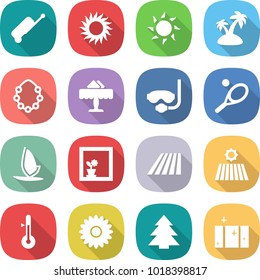 flat vector icon set - suitcase vector, sun, island, hawaiian wreath, restaurant, diving mask, tennis, windsurfing, flower in window, field, thermometer, spruce, clean