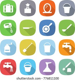 flat vector icon set - suitcase vector, baggage, mirror, bucket, mixer, pan, ladle, hand mill, shovel, water tap, plunger, toilet brush