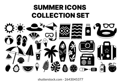 Flat vector icon set of summer elements including palm trees, beachwear, drinks, travel accessories, and colorful tropical symbols.