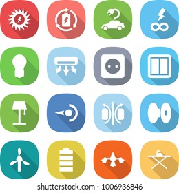 flat vector icon set - sun power vector, battery charge, electric car, infinity, bulb, air conditioning, socket, switch, floor lamp, photon, magnetic field, coil, windmill, hard reach place cleaning