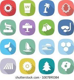 flat vector icon set - sun vector, uv cream, palm, hawaiian wreath, aquapark, restaurant, flippers, diving mask, golf, windsurfing, slippers, honeycombs, field, flower, spruce, garden