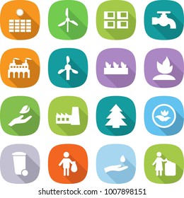 flat vector icon set - sun power vector, windmill, panel house, water tap, factory, seedling, sprouting, hand leaf, spruce, ecology, trash bin, and drop, garbage