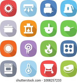 flat vector icon set - sun vector, air conditioning, toaster, kettle, pan, fireplace, ladle, saute, gas oven, elecric, fire, hob, thermometer, bbq, steake