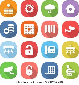 flat vector icon set - sun power vector, cloud wireless, home, virtual mining, cpu, bar code, surveillance, air conditioning, unlocked, intercome, camera, unlock, solar panel, water pump