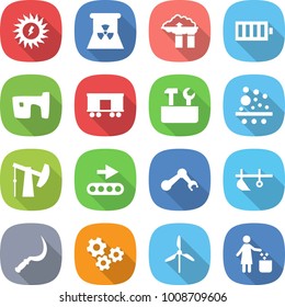 flat vector icon set - sun power vector, nuclear, factory filter, battery, slum, railroad shipping, repair tools, oil pump, conveyor, robot hand, plow, sickle, gears, windmill, garbage bin