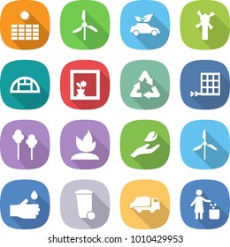 flat vector icon set - sun power vector, windmill, eco car, greenhouse, flower in window, recycle, solar panel, trees, sprouting, hand leaf, drop, trash bin, truck, garbage